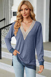 Slit V-Neck Long Sleeve T-Shirt Dusty Blue Women's T-Shirts - Tophatter Daily Deals