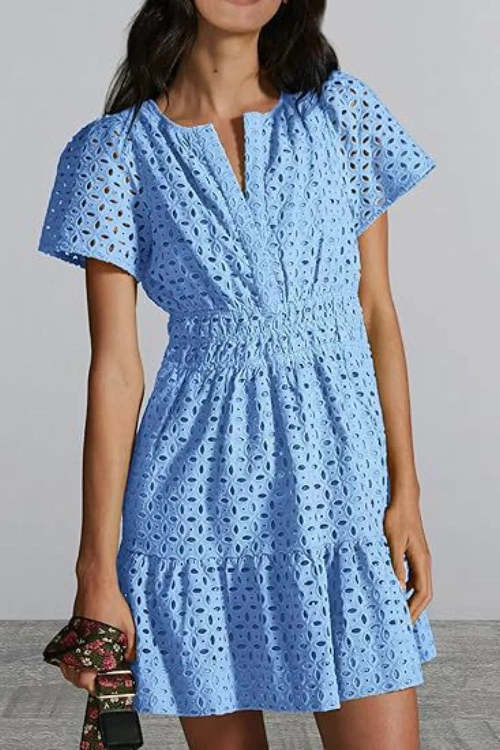 Eyelet Notched Short Sleeve Mini Dress Blue Casual Dresses - Tophatter Daily Deals