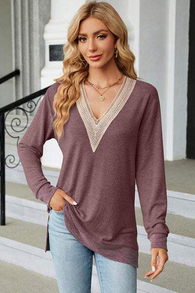 Slit V-Neck Long Sleeve T-Shirt Magenta Women's T-Shirts - Tophatter Daily Deals