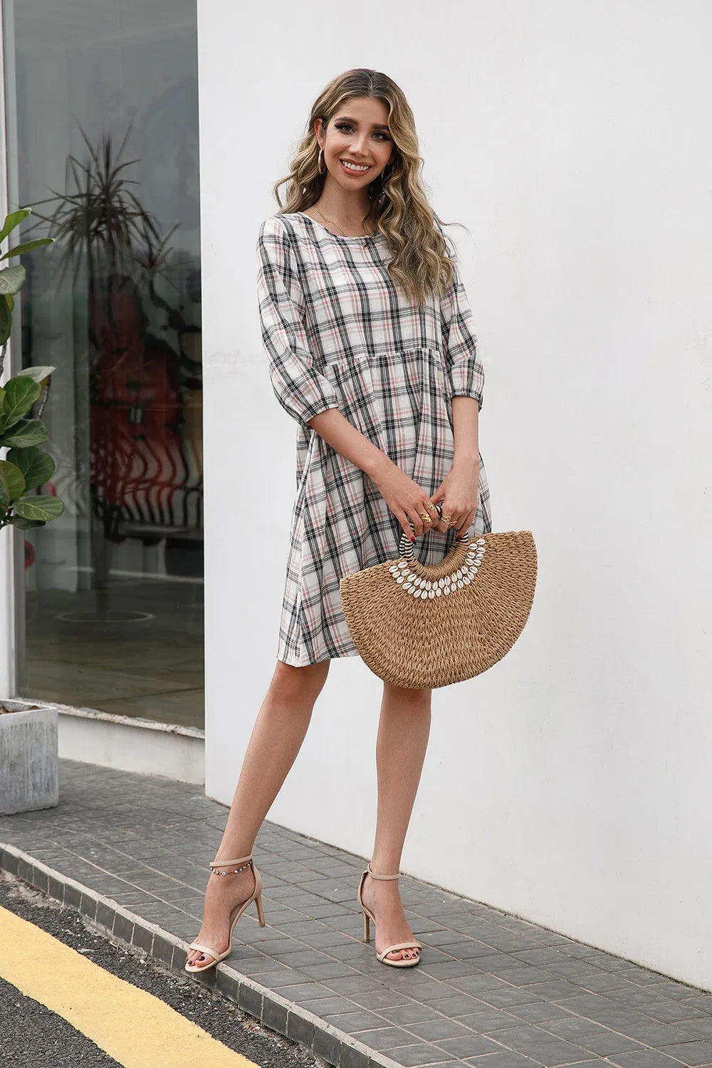 Ivy Lane Plaid Round Neck Mini Dress Casual Dresses - Tophatter Daily Deals