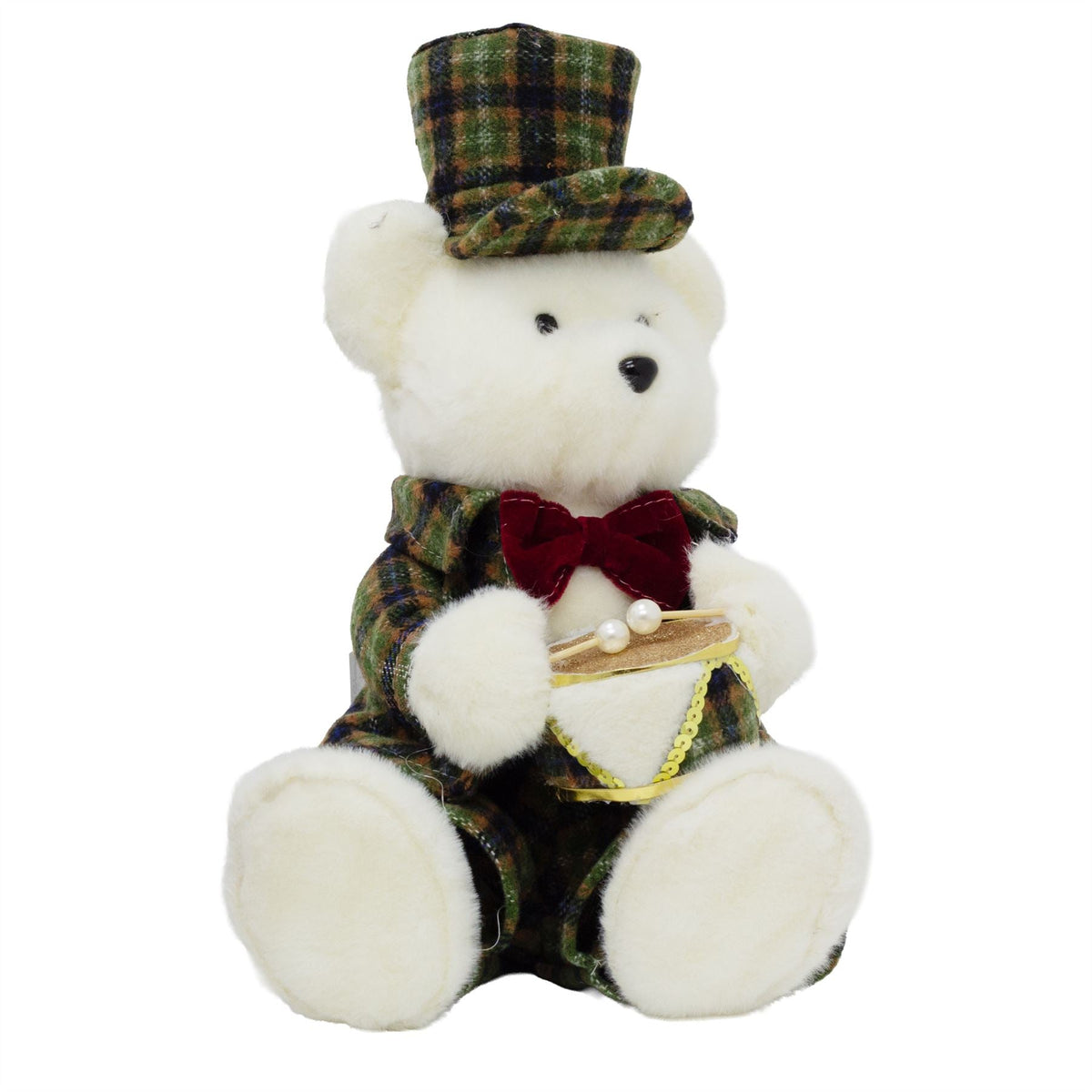 Sitting Christmas Bear Decoration | Fluffy Bear in Tartan Uniform with Drum Ornament - Tophatter Daily Deals