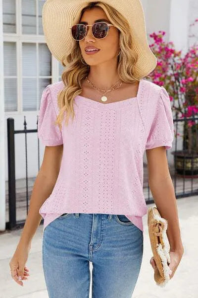 Eyelet Puff Sleeve T-Shirt Blush Pink Women's T-Shirts - Tophatter Daily Deals