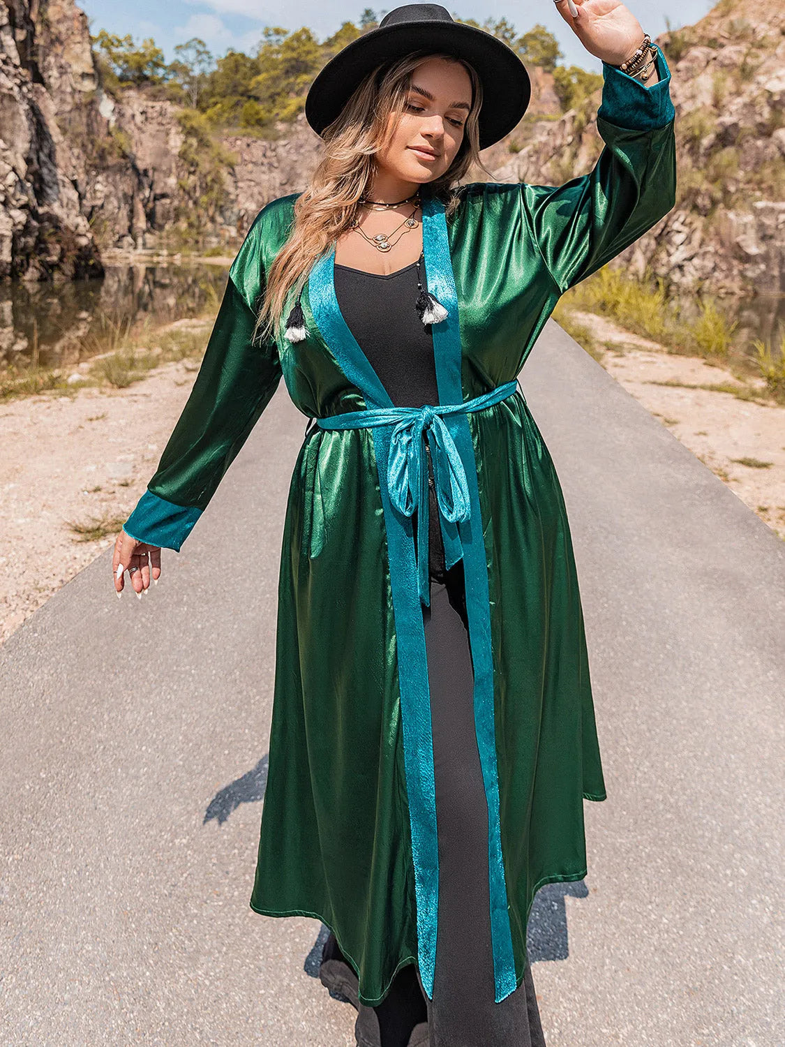 Plus Size Embroidery Contrast Tie Front Long Sleeve Robe Green Sleep Dresses - Tophatter Daily Deals