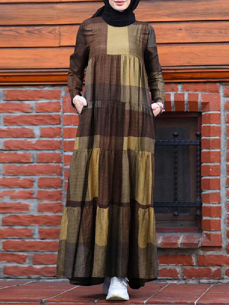 Kaftan Tunic Plaid Print Back Zipper Long Sleeve Maxi Layered Women Maxi Dress Yellow Maxi Dresses - Tophatter Daily Deals