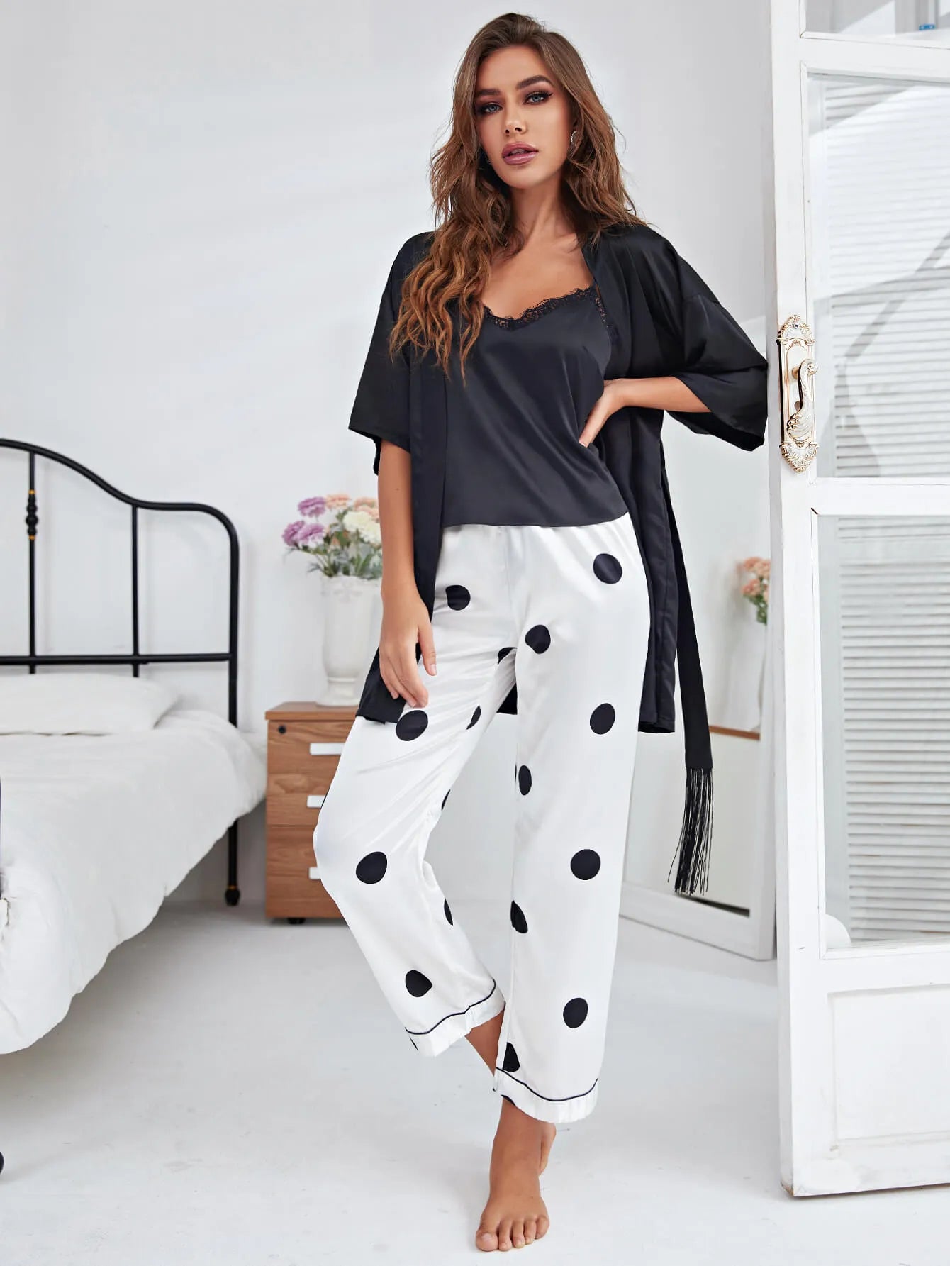 Cami, Robe, and Printed Pants Pajama Set White Loungewear Sets - Tophatter Daily Deals