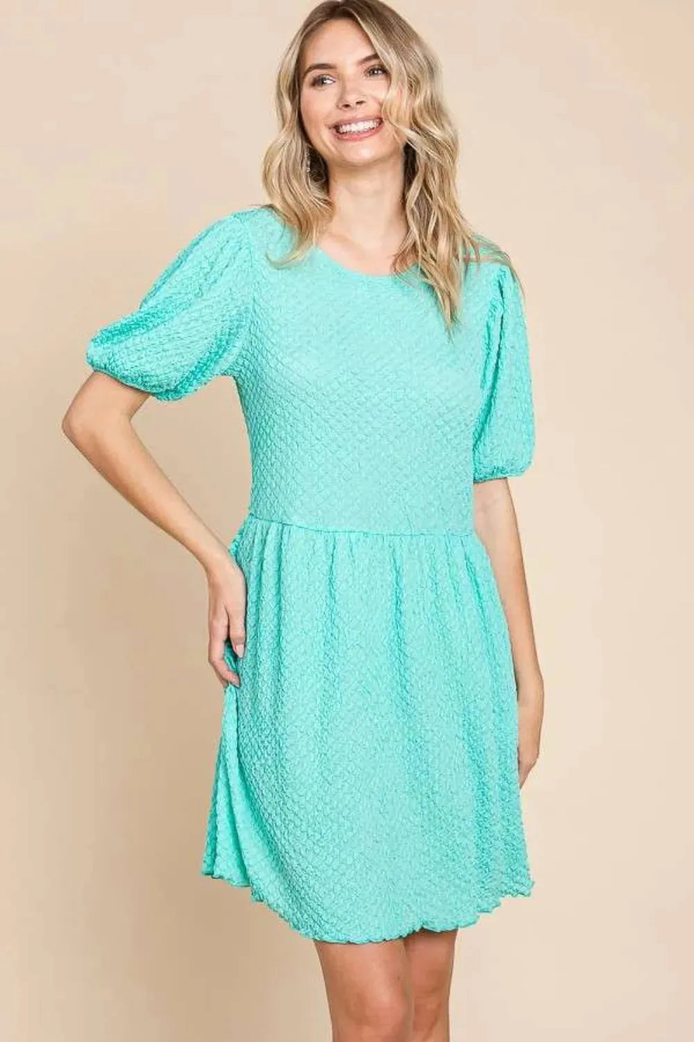 Culture Code Full Size Textured Round Neck Puff Sleeve Dress Mint Casual Dresses - Tophatter Daily Deals