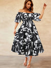 Printed Off-Shoulder Balloon Sleeve Dress Casual Dresses - Tophatter Daily Deals