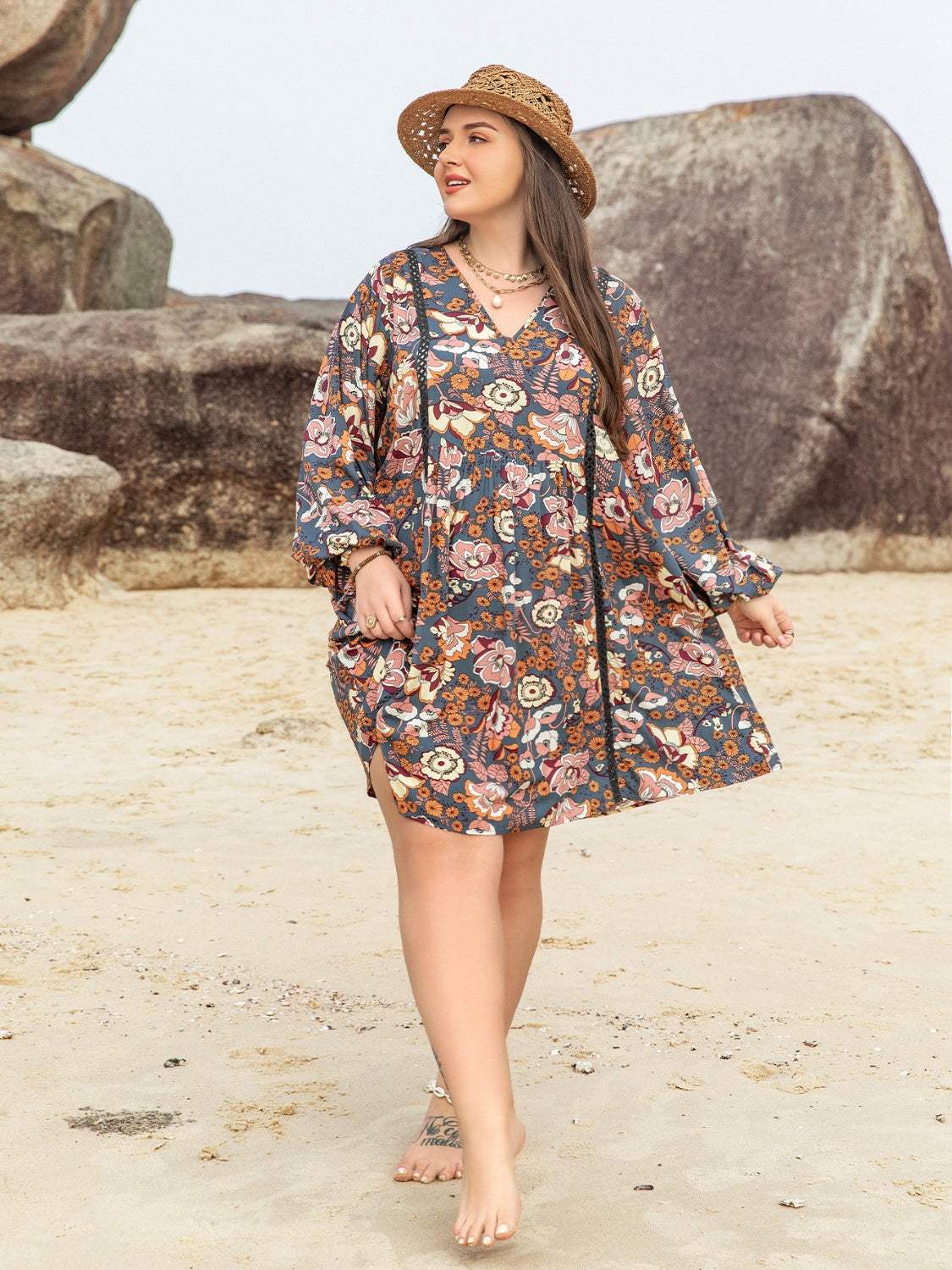 Plus Size Printed V-Neck Balloon Sleeve Mini Dress Casual Dresses - Tophatter Daily Deals