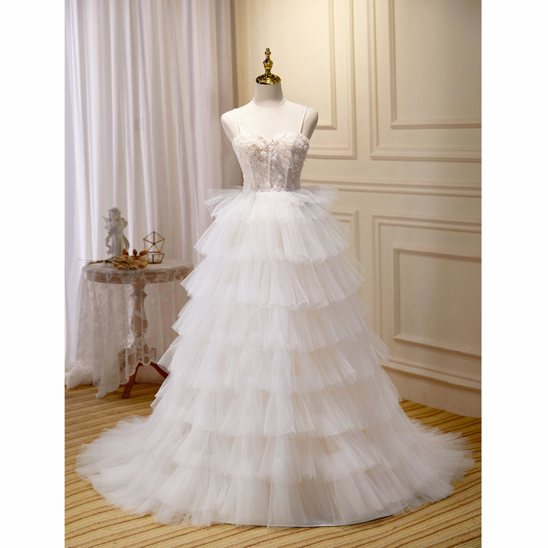 Beautiful Girl Suspender Wedding Dress With Elegant Train 0 - Tophatter Daily Deals