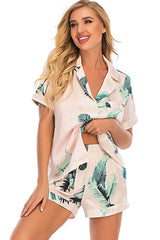Printed Button Up Short Sleeve Top and Shorts Lounge Set Loungewear Sets - Tophatter Daily Deals
