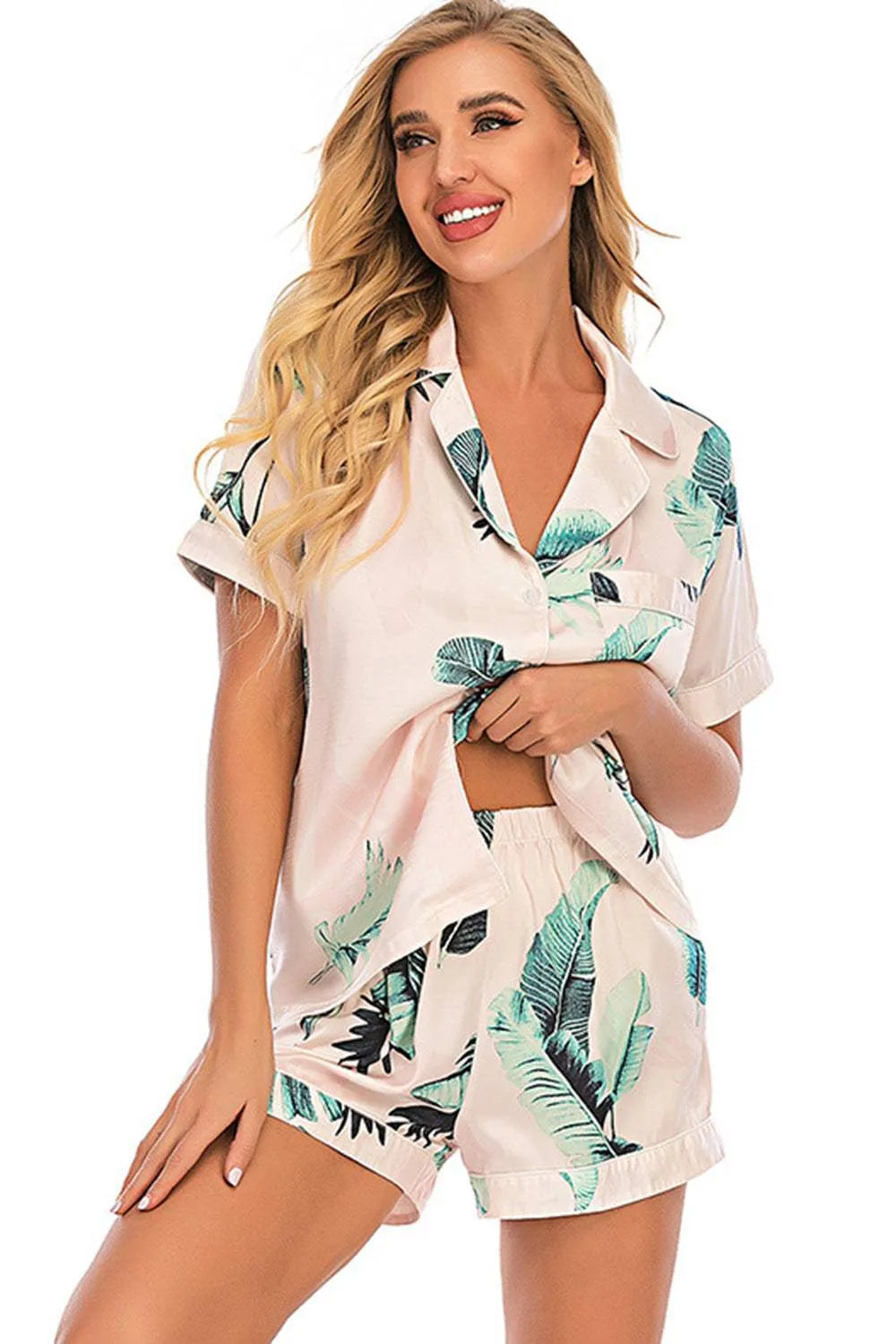 Printed Button Up Short Sleeve Top and Shorts Lounge Set Loungewear Sets - Tophatter Daily Deals