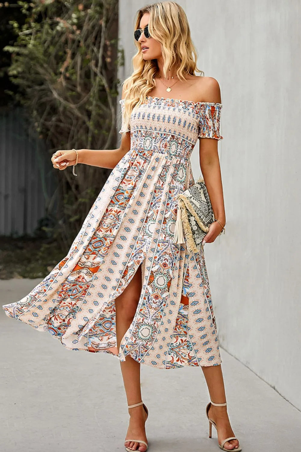 Bohemian Off-Shoulder Frill Trim Split Dress Light Apricot Casual Dresses - Tophatter Daily Deals