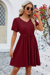 V-Neck Balloon Short Sleeve Dress Wine Casual Dresses - Tophatter Daily Deals