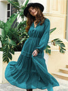 Tie Neck Long Sleeve Midi Tiered Dress Peacock Blue Casual Dresses - Tophatter Daily Deals