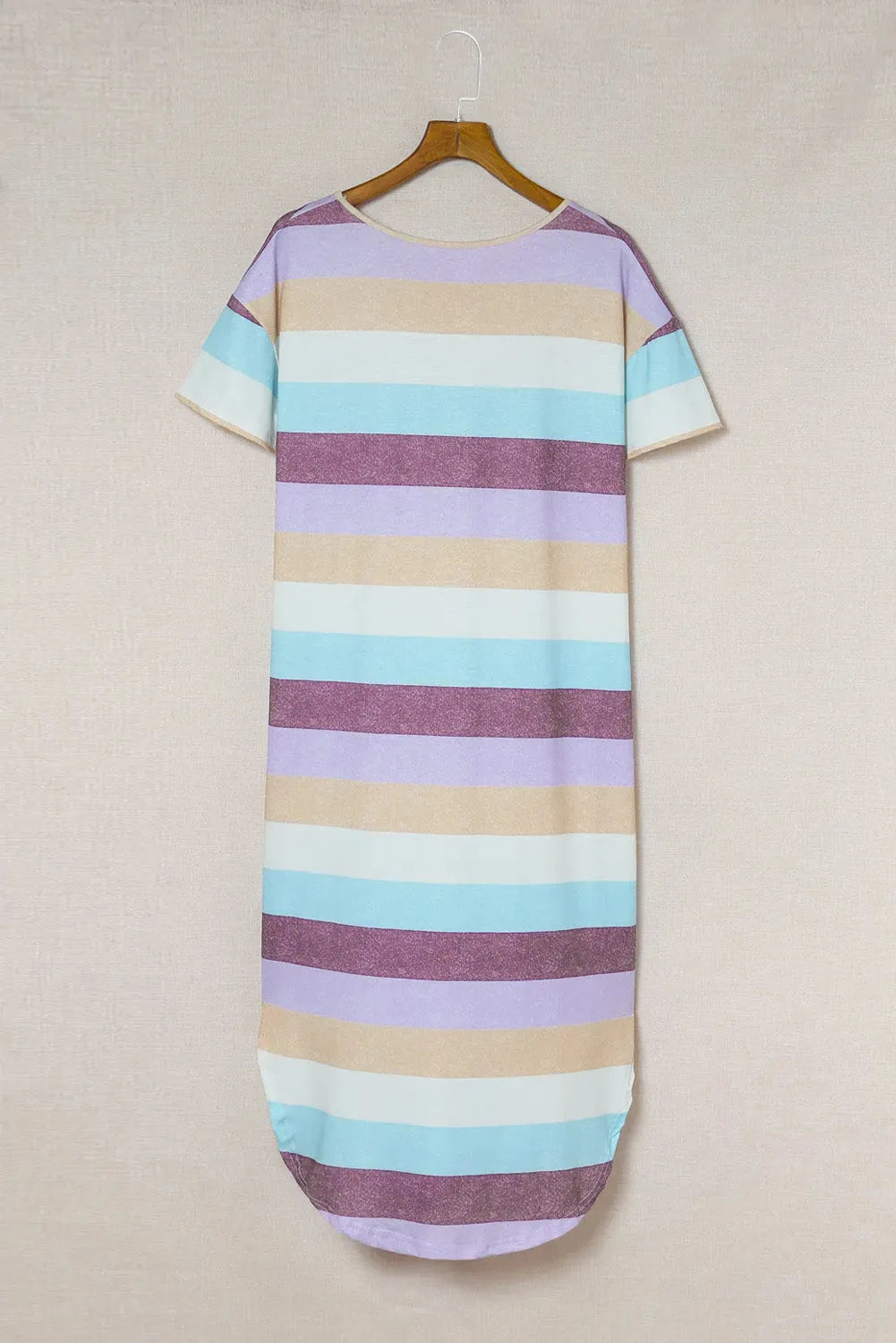 Striped V-Neck Curved Hem Midi Dress Casual Dresses - Tophatter Daily Deals