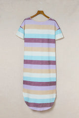 Striped V-Neck Curved Hem Midi Dress Casual Dresses - Tophatter Daily Deals