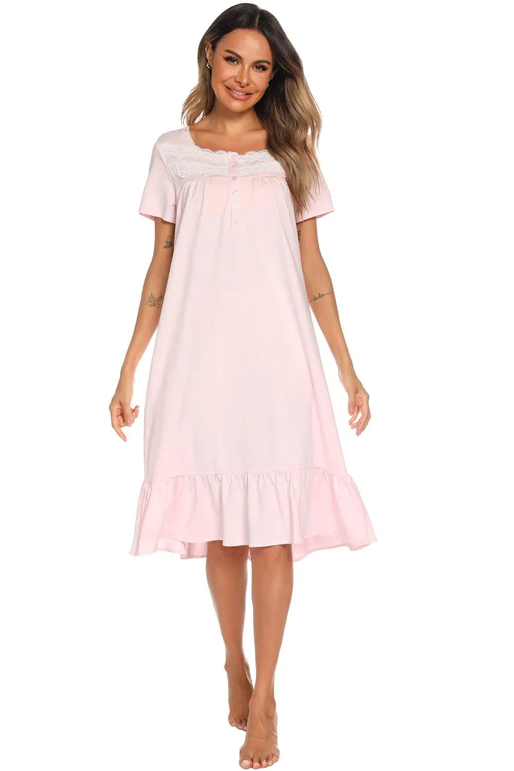 Lace Detail Square Neck Lounge Dress Sleep Dresses - Tophatter Daily Deals