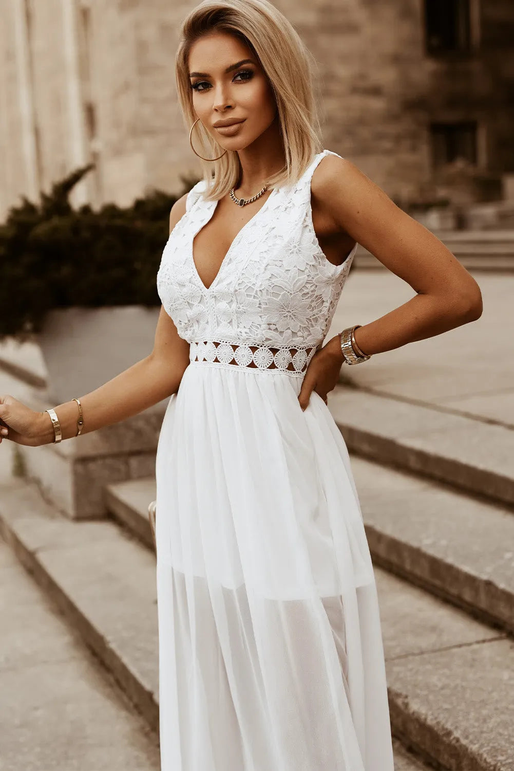 Slit Lace Detail V-Neck Dress Casual Dresses - Tophatter Daily Deals