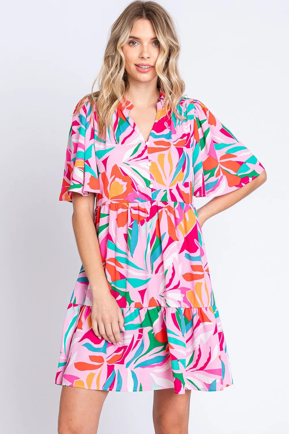 GeeGee Floral Ruffled Mini Dress Pink Green Casual Dresses - Tophatter Daily Deals