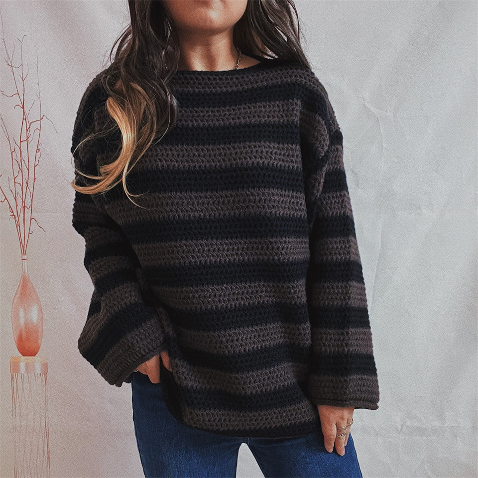 Oversized Women Off Shoulder Sweater - Striped Knit Casual Black Brown 3D Changing Face Moving Picture Frame - Tophatter Daily Deals