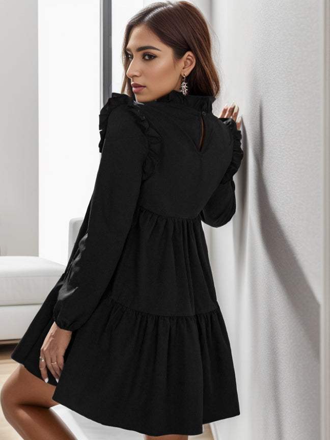 Ruffled V-Neck Long Sleeve Mini Dress Casual Dresses - Tophatter Daily Deals