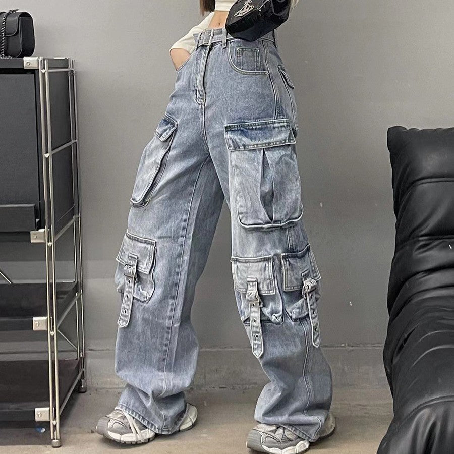 Autumn American Vintage Street Trendy Multi-pocket Workwear Jeans 0 - Tophatter Daily Deals