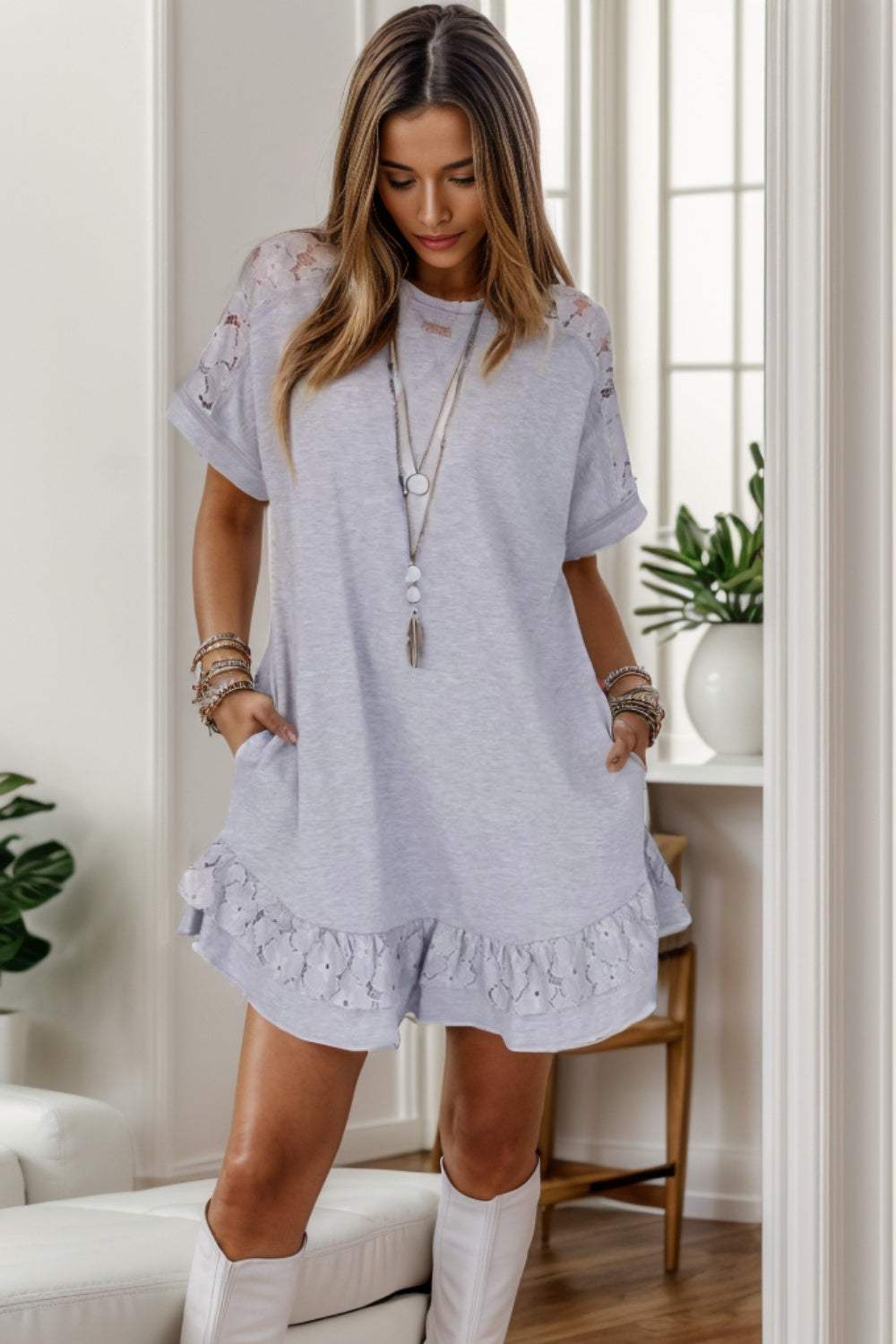 Lace Detail Round Neck Short Sleeve Dress Heather Gray Casual Dresses - Tophatter Daily Deals