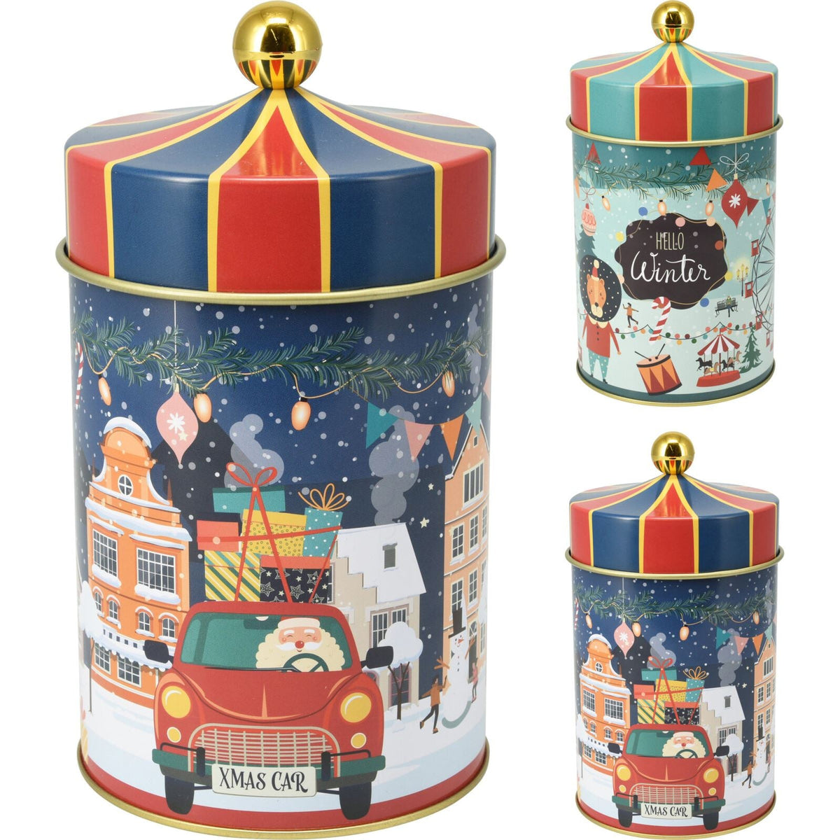 Round Christmas Storage Tin | Festive Carousel Cookie Biscuit Tin - 18cm Tin - Tophatter Daily Deals
