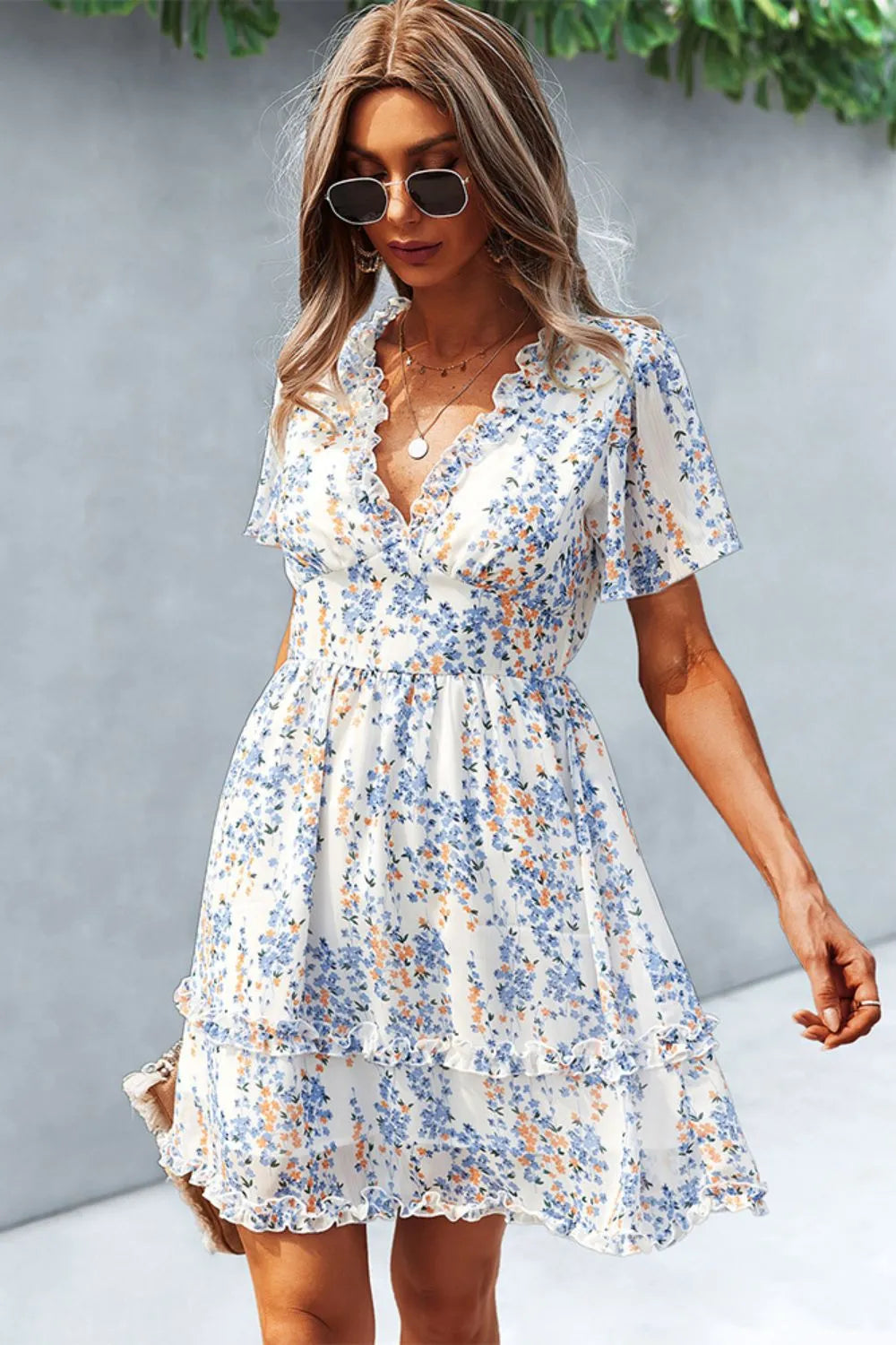 Printed Flutter Sleeve V-Neck Dress White Casual Dresses - Tophatter Daily Deals