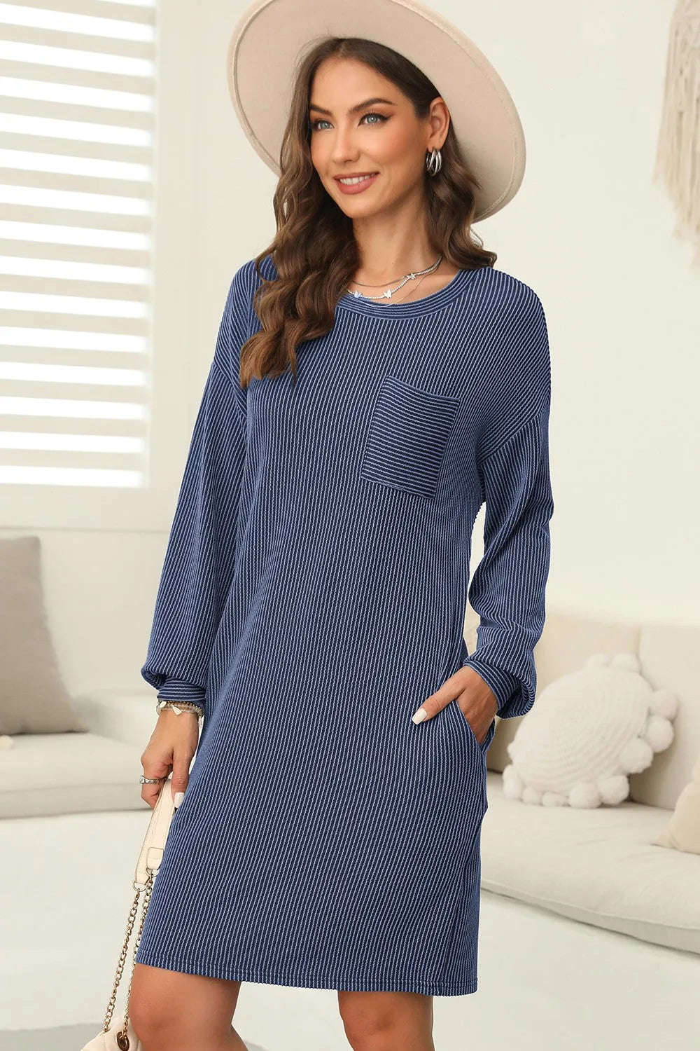 Striped Round Neck Long Sleeve Mini Dress Casual Dresses - Tophatter Daily Deals