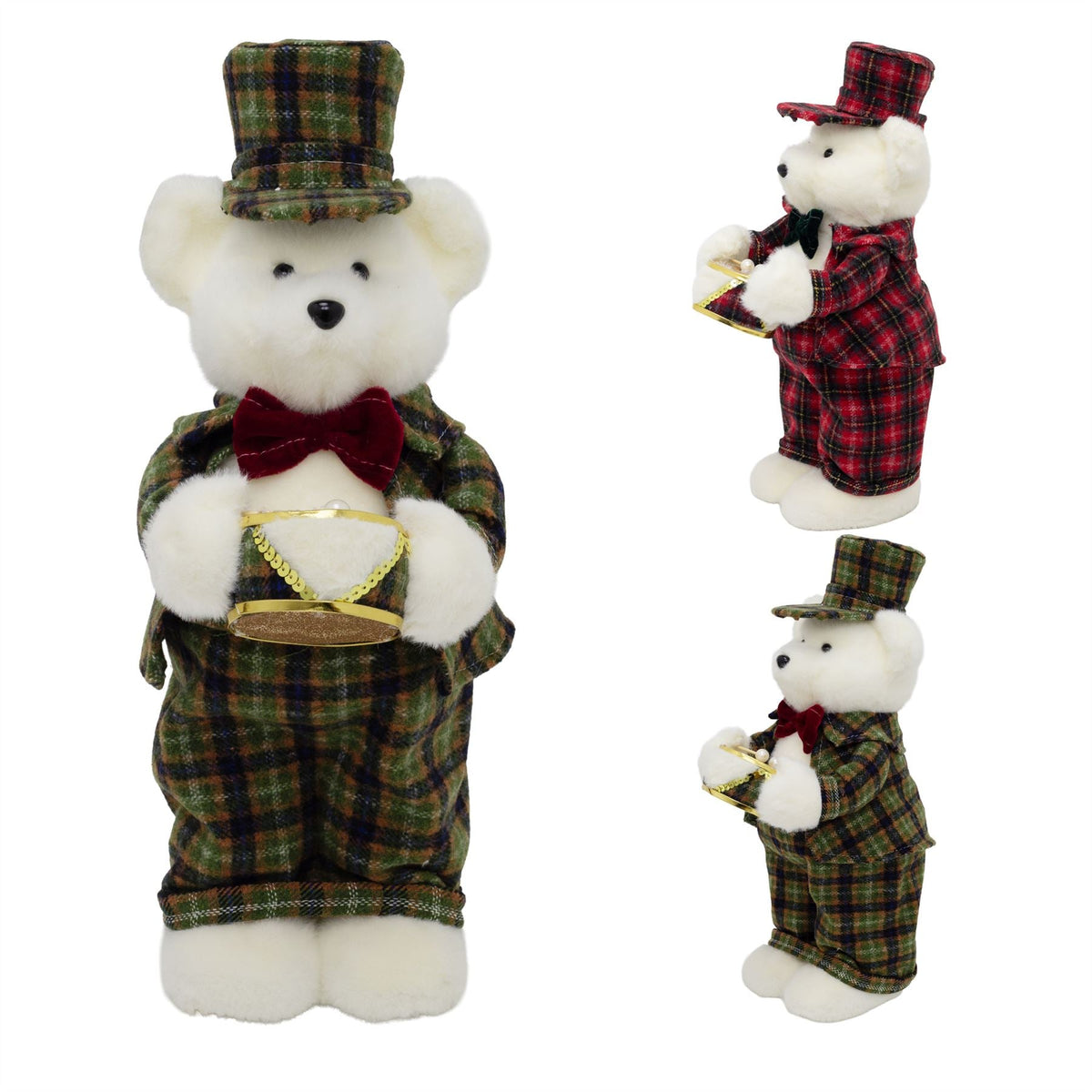 Drumming Christmas Bear Decoration | White Bear in Tartan Uniform with Drum 42cm Ornament - Tophatter Daily Deals
