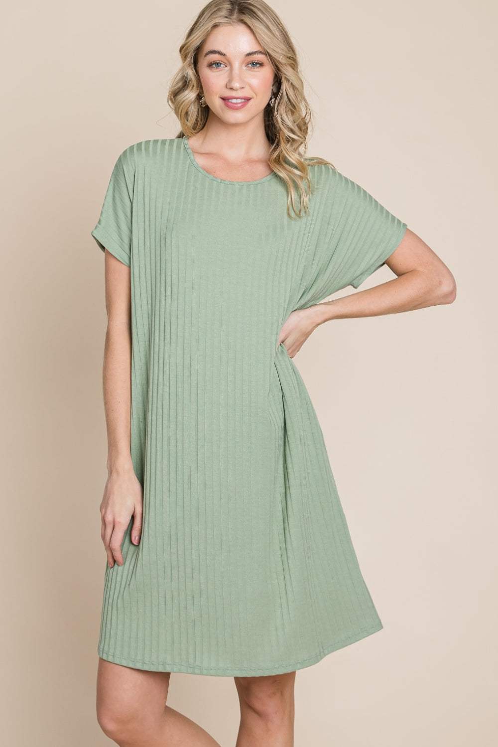 BOMBOM Ribbed Round Neck Short Sleeve Dress Casual Dresses - Tophatter Daily Deals