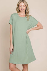 BOMBOM Ribbed Round Neck Short Sleeve Dress Casual Dresses - Tophatter Daily Deals
