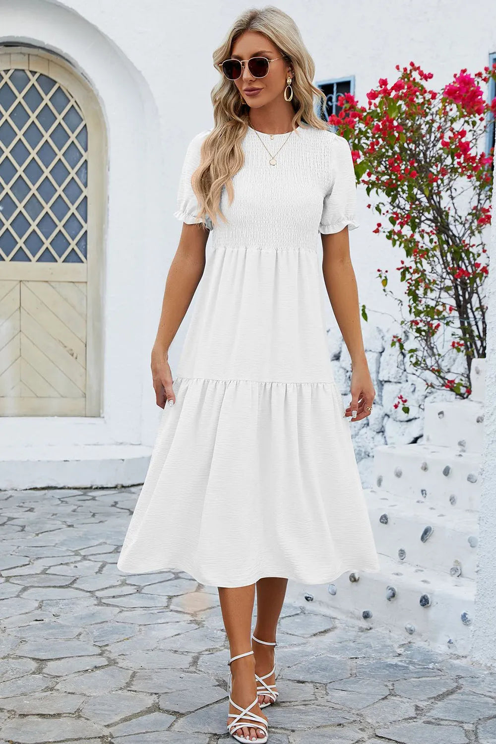 Smocked Round Neck Flounce Sleeve Midi Dress White Casual Dresses - Tophatter Daily Deals