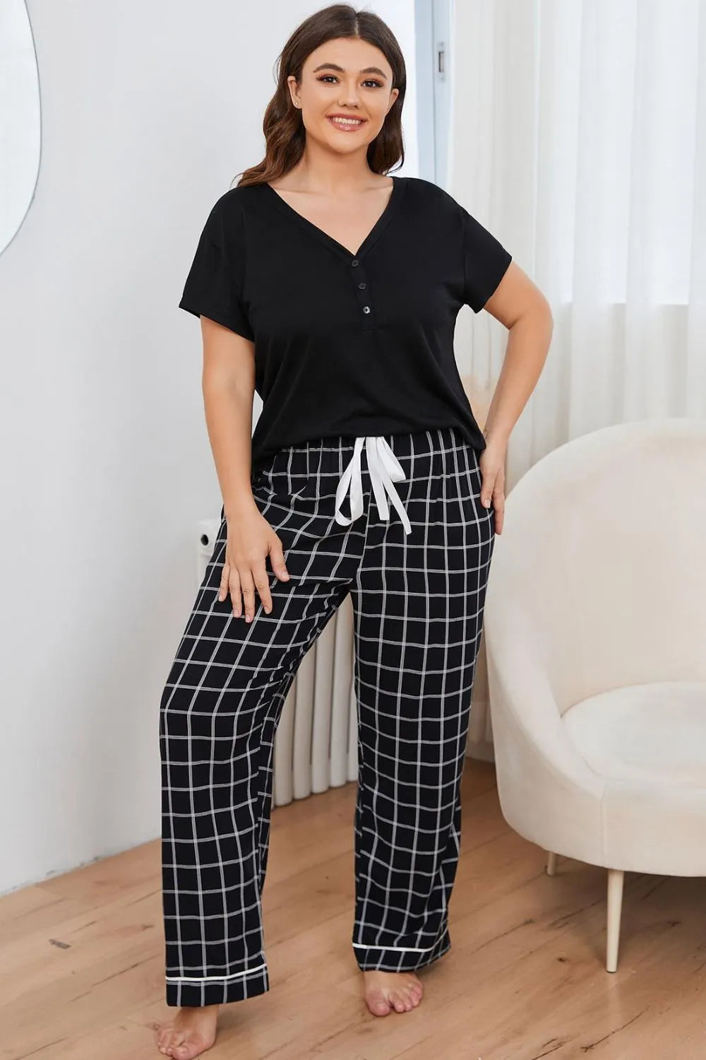 Plus Size V-Neck Top and Plaid Pants Lounge Set Black Loungewear Sets - Tophatter Daily Deals