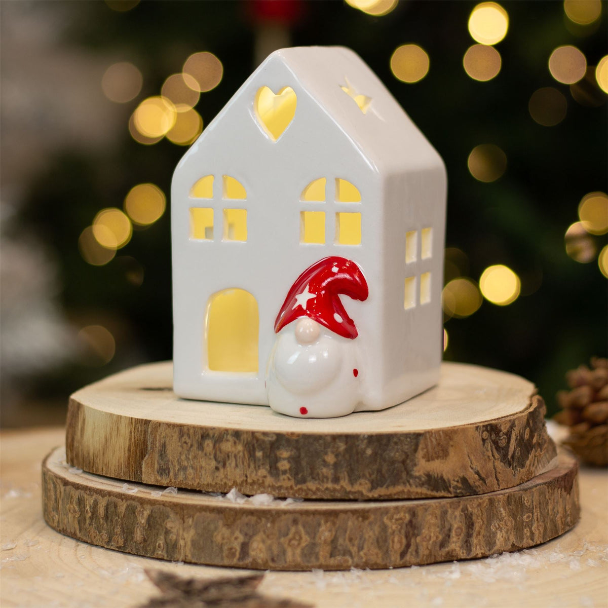White Ceramic LED Christmas House with Gonk | Light Up Festive Decoration - 11cm Ornament - Tophatter Daily Deals