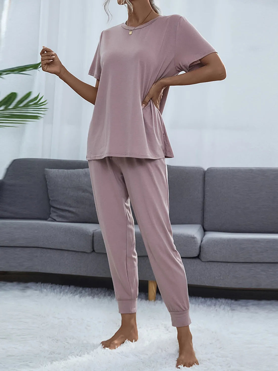 Round Neck Short Sleeve Top and Pants Set Loungewear Sets - Tophatter Daily Deals