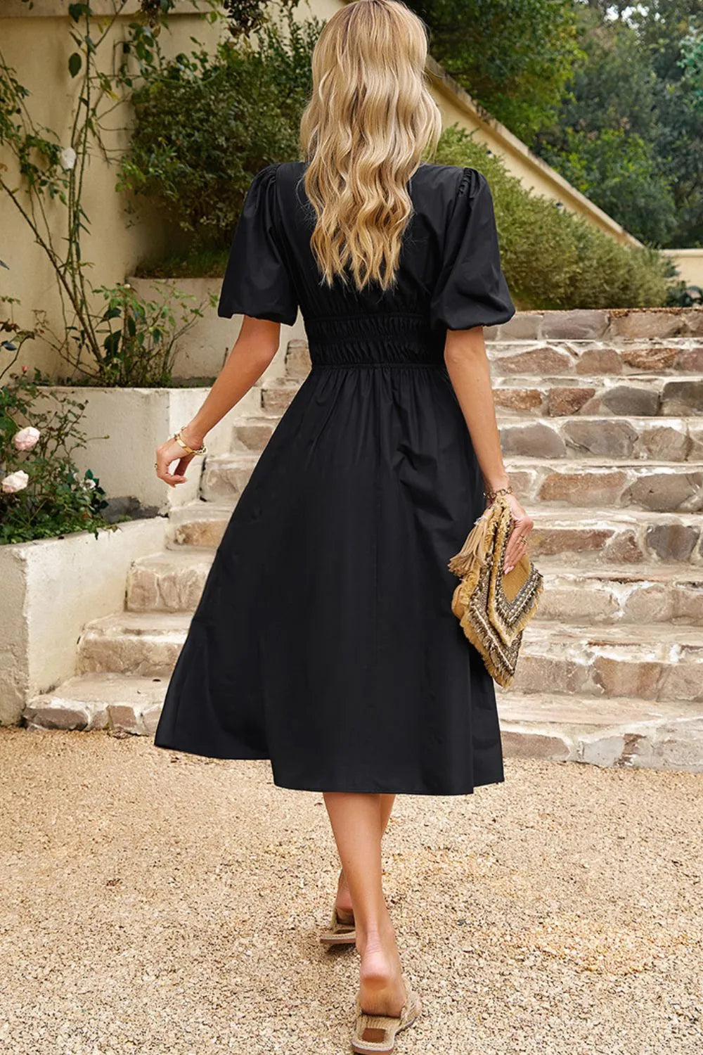 Puff Sleeve Smocked Waist Midi Dress Casual Dresses - Tophatter Daily Deals