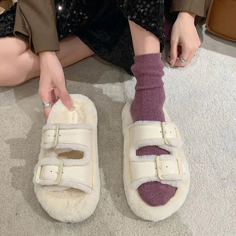 Women's Fashion All-match Furry Fleece-lined Belt Buckle Cotton Slippers Beige Humidifier - Tophatter Daily Deals