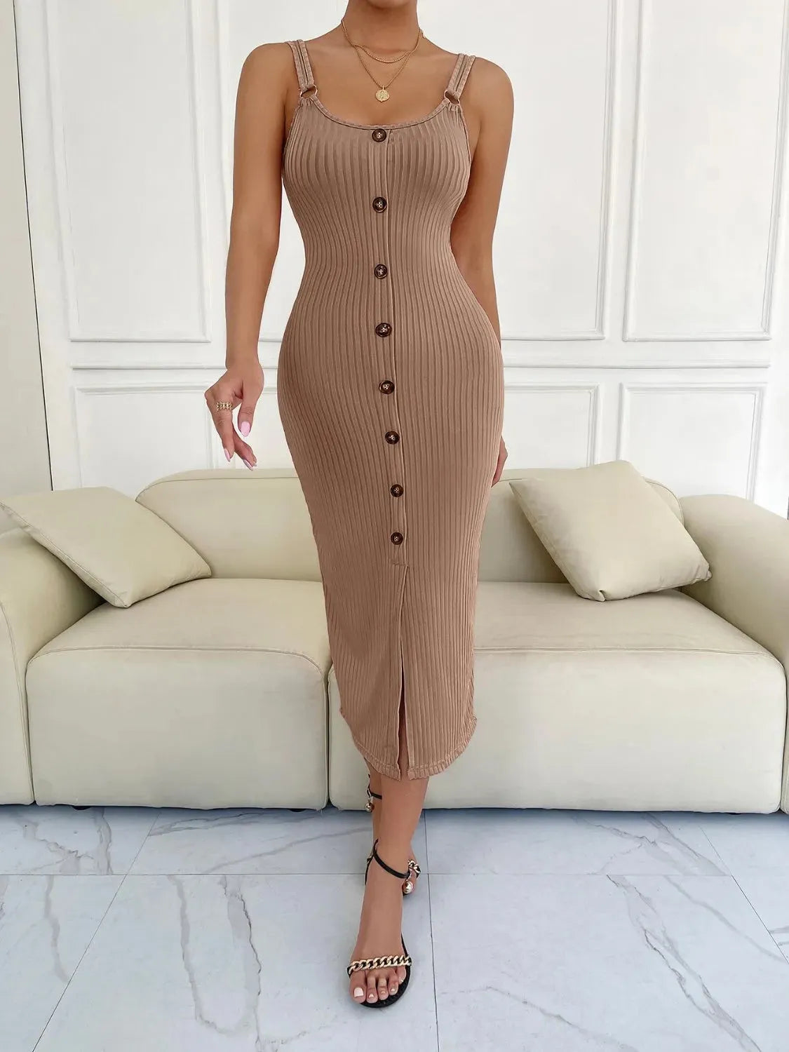 Ribbed Slit Decorative Button Cami Dress Camel Casual Dresses - Tophatter Daily Deals