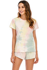 Tie-Dye Round Neck Short Sleeve Top and Shorts Lounge Set Loungewear Sets - Tophatter Daily Deals