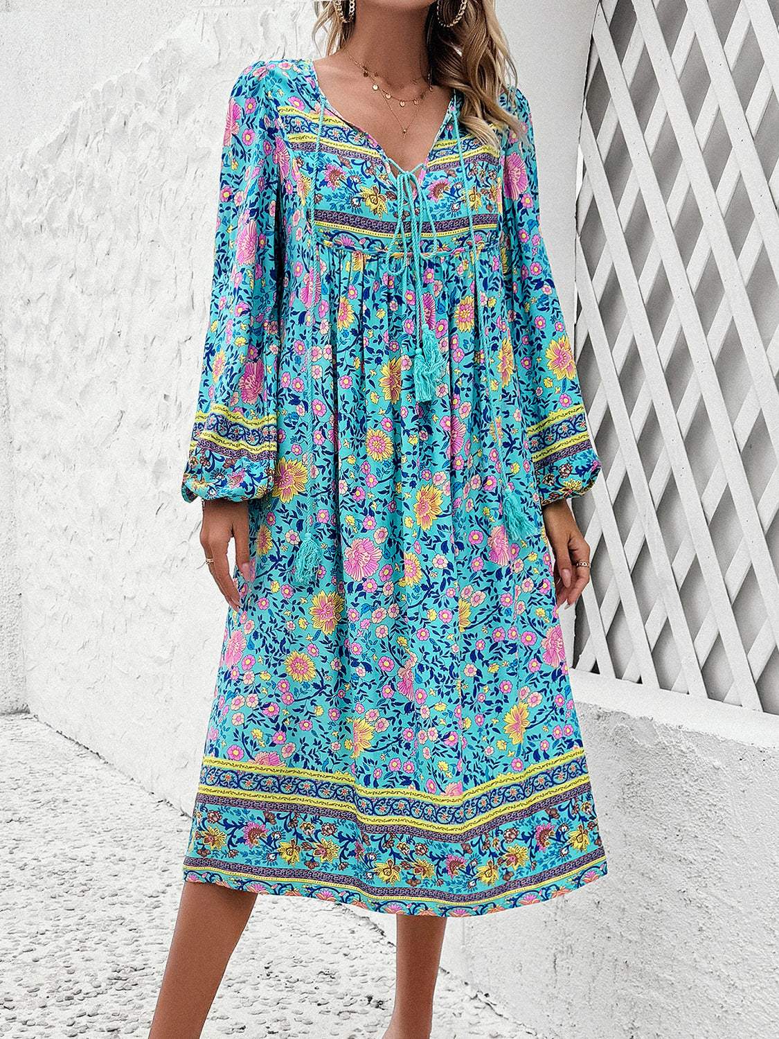 Tassel Tied Printed Long Sleeve Dress Tiffany Blue Casual Dresses - Tophatter Daily Deals