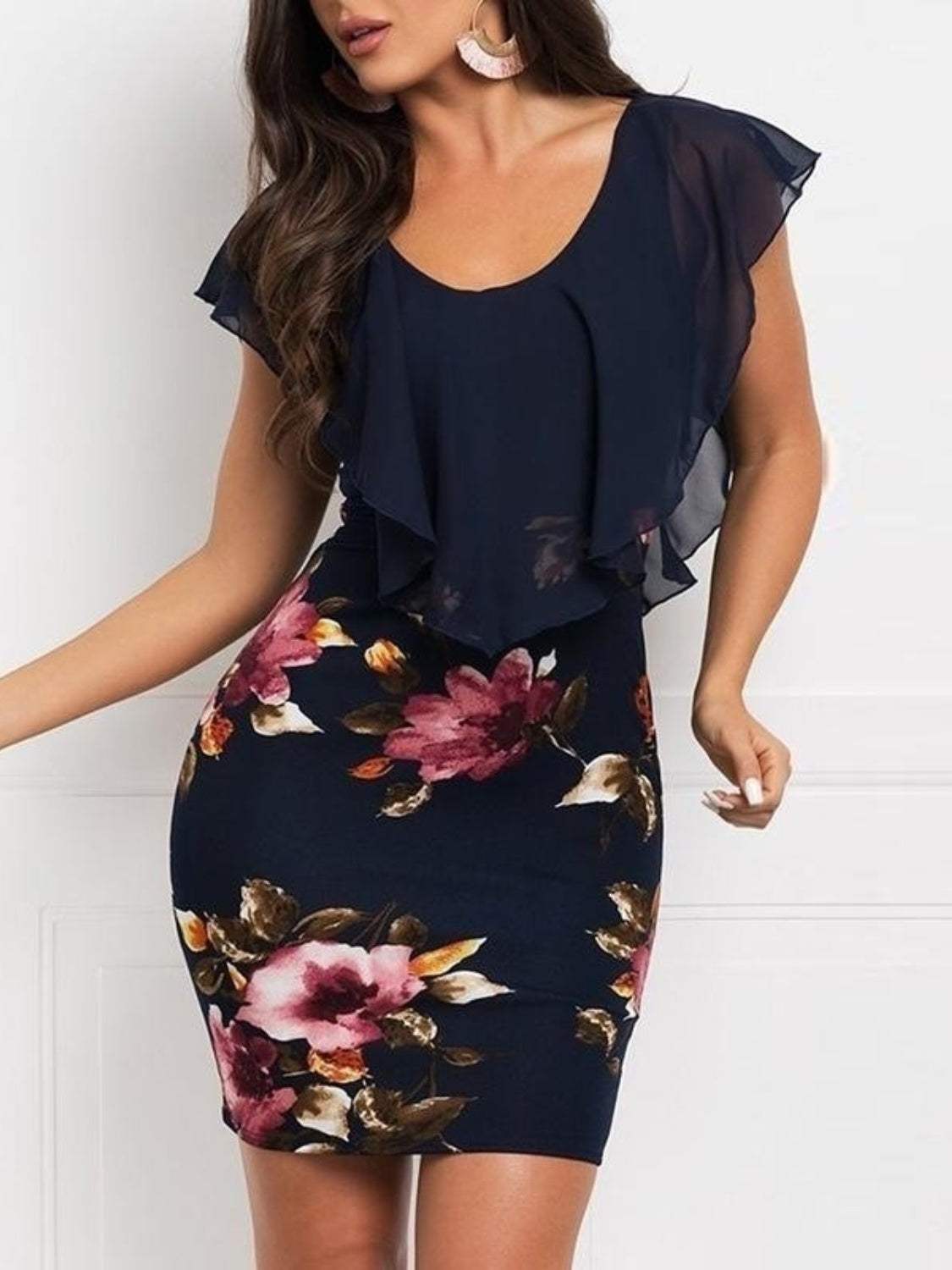 Printed Ruffled Cap Sleeve Mini Dress Navy Casual Dresses - Tophatter Daily Deals