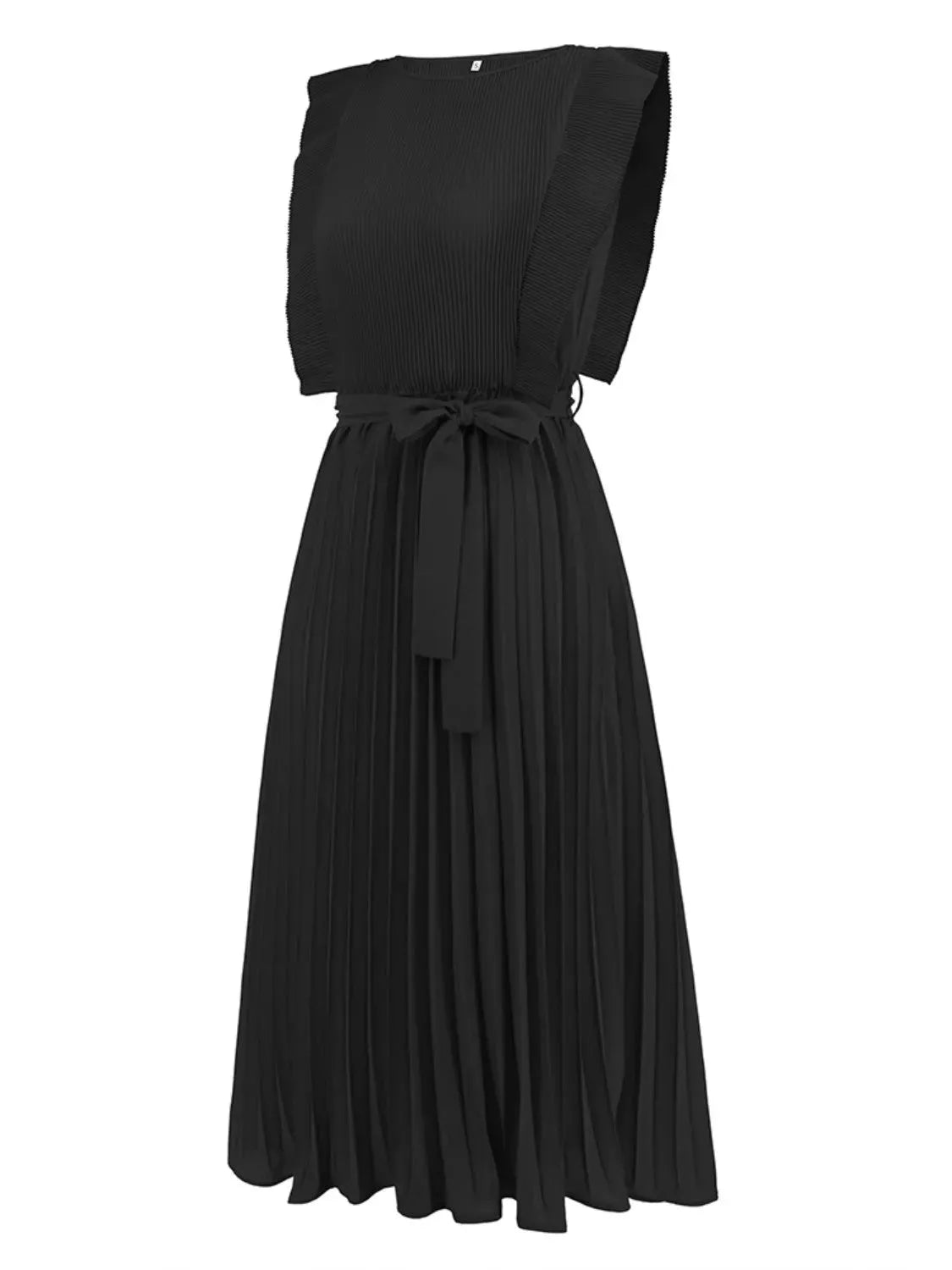 Tied Round Neck Pleated Midi Dress Casual Dresses - Tophatter Daily Deals