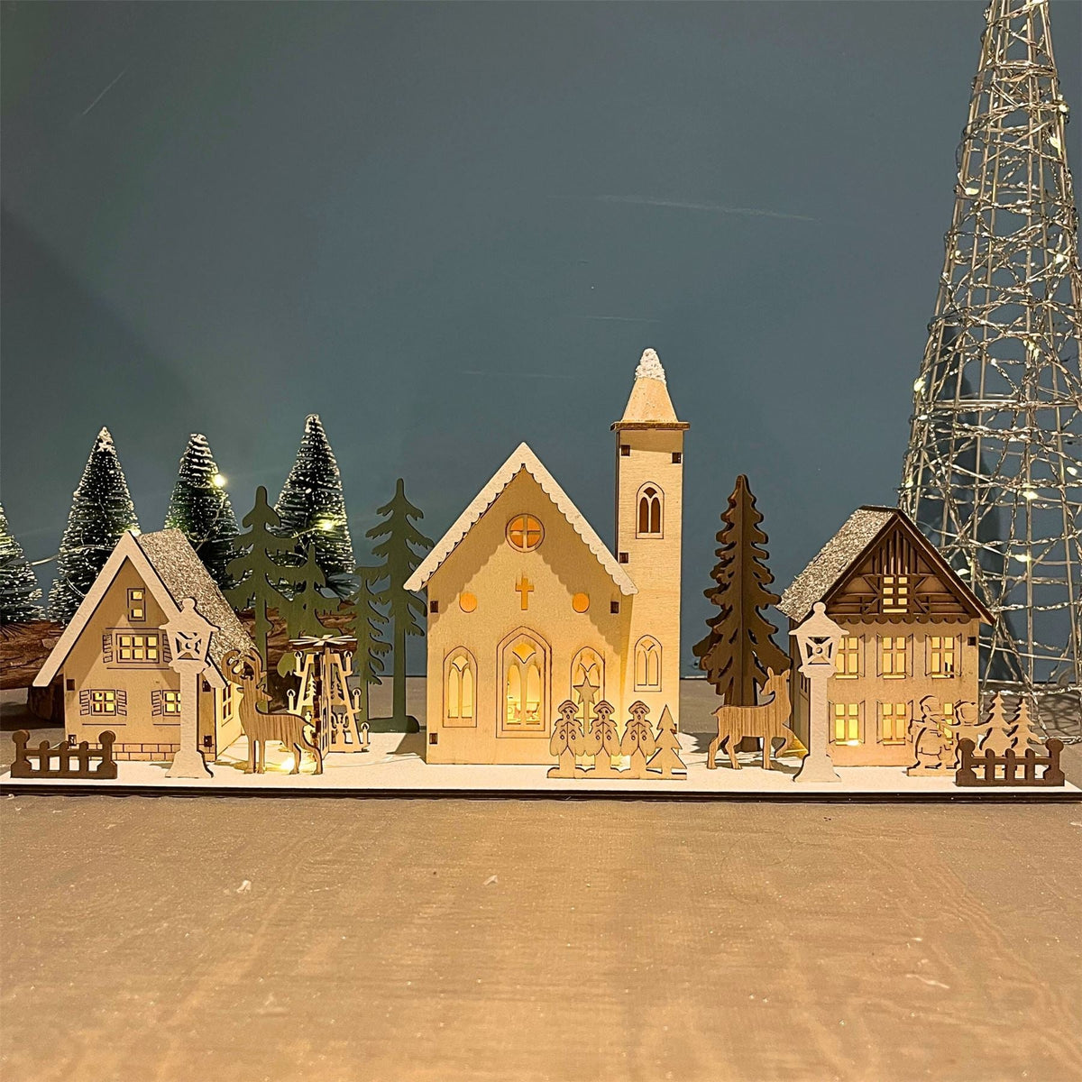 Christmas Scene Light-Up Houses | LED Wooden Winter Houses Ornament - 40cm Ornament - Tophatter Daily Deals