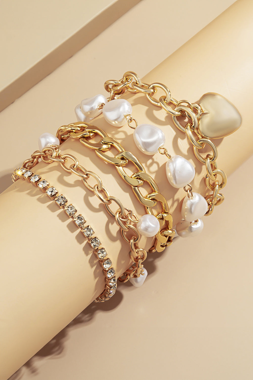 Gold 5Pcs Pearl Heart Diamond Bracelet Set Bracelets - Tophatter Daily Deals