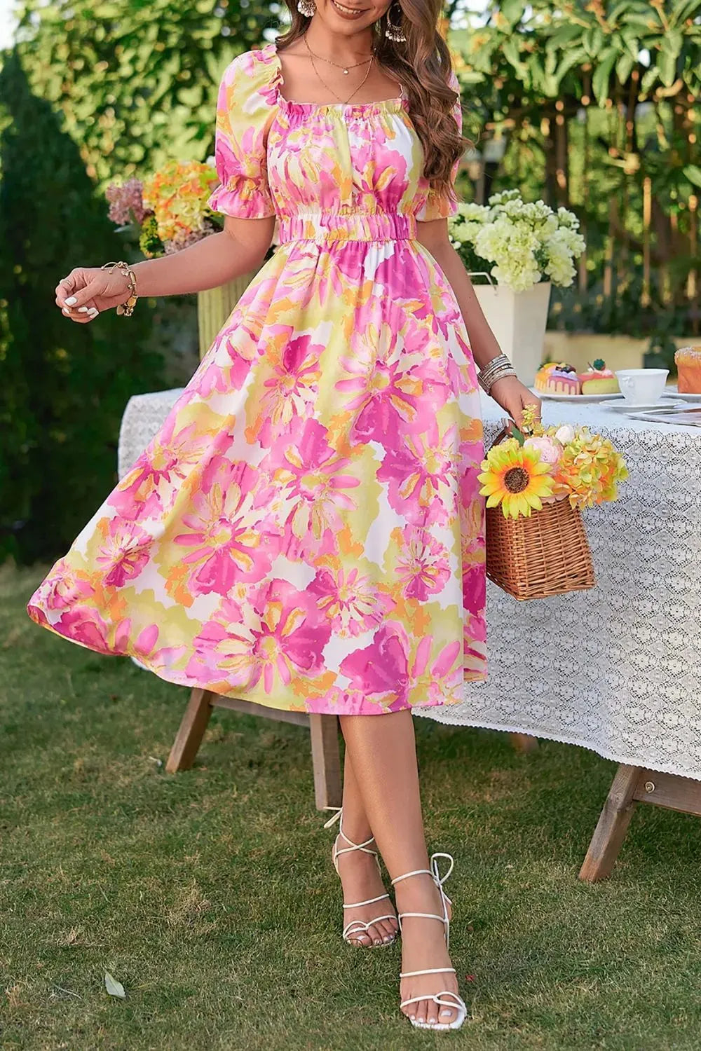 Floral Frill Trim Square Neck Dress Casual Dresses - Tophatter Daily Deals