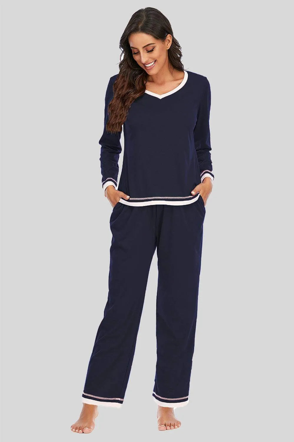 V-Neck Top and Pants Lounge Set Dark Navy Loungewear Sets - Tophatter Daily Deals