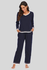 V-Neck Top and Pants Lounge Set Dark Navy Loungewear Sets - Tophatter Daily Deals