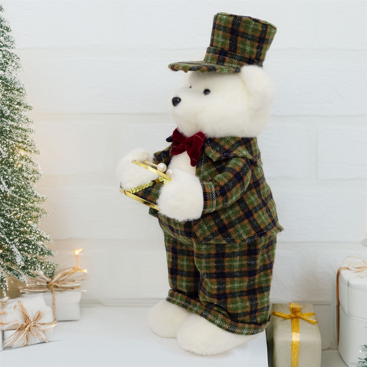 Drumming Christmas Bear Decoration | White Bear in Tartan Uniform with Drum 42cm Ornament - Tophatter Daily Deals